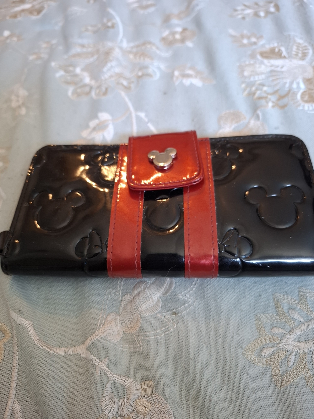 Patent Black Wallet with Red Accent and Character Detail